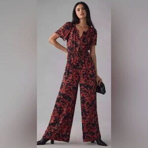 Anthropologie - The Somerset Jumpsuit - Satin Black Red Floral Print - Size S
